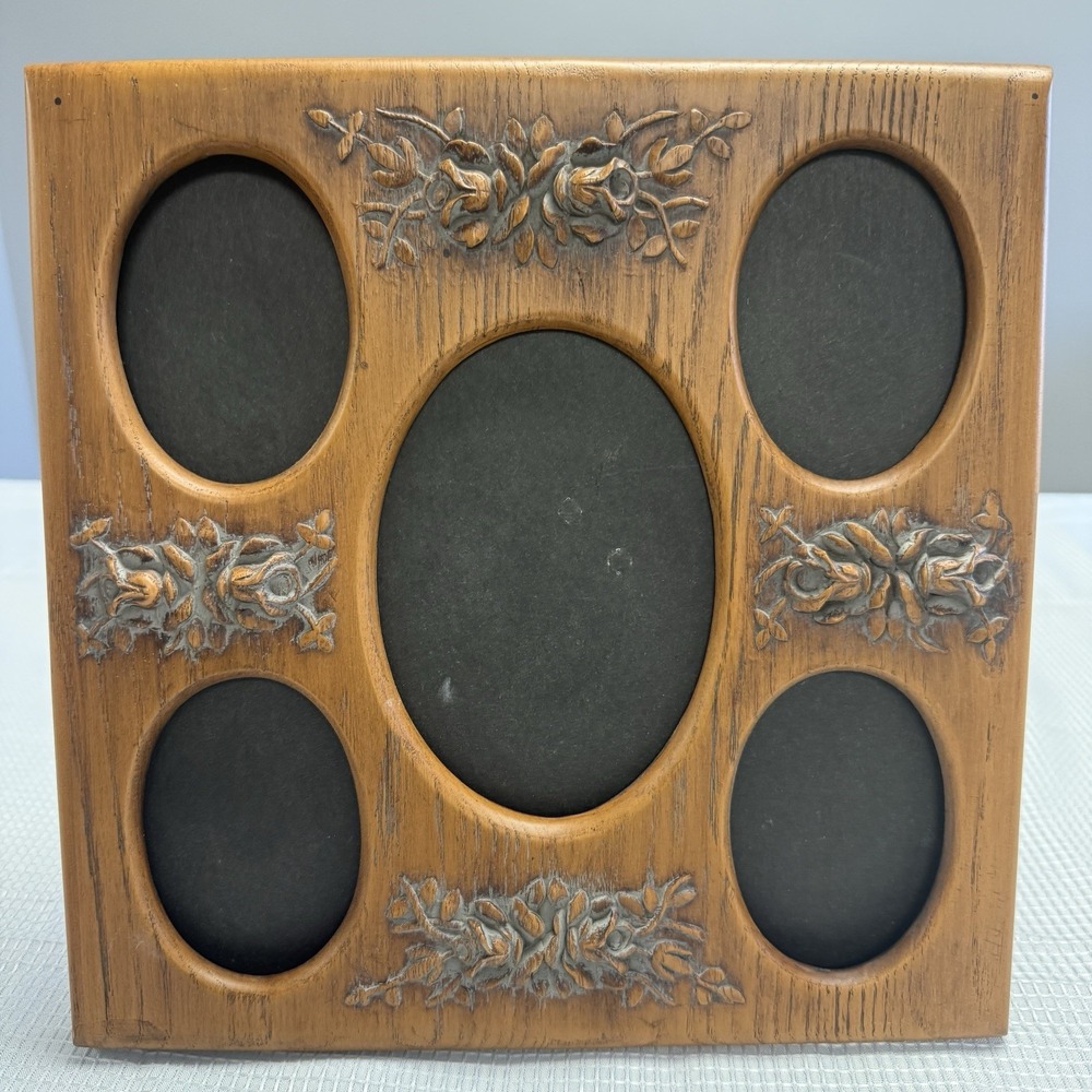 Vtg Carved Wood 5 Photo Collage Frame Oval Opening Floral Rose Cottagecore 80s